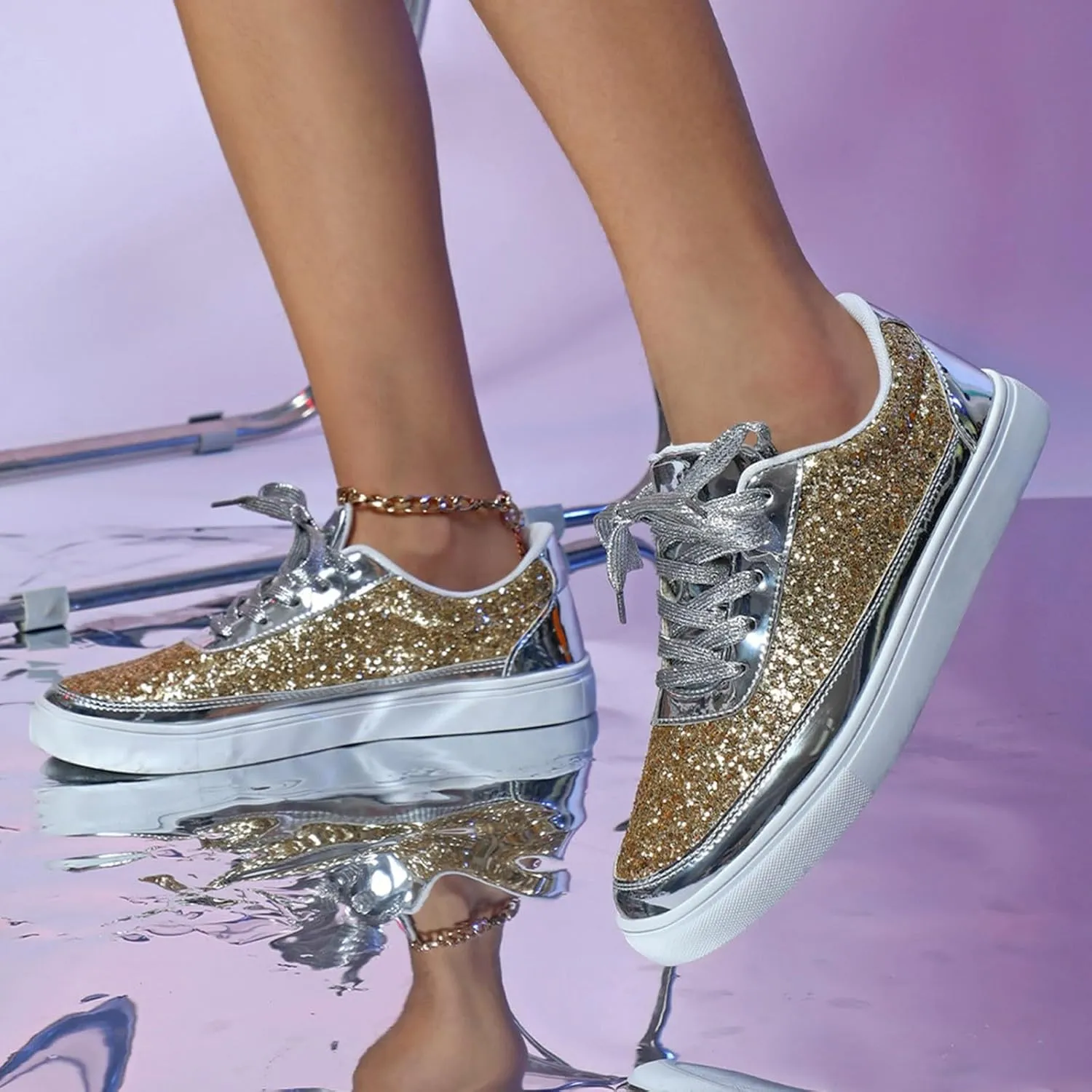Casual Thick Soled Sneakers New Glossy Fashion Women's Shoes Low Cut Lace Up Flat Shoes Floral Heels Shoes for Women