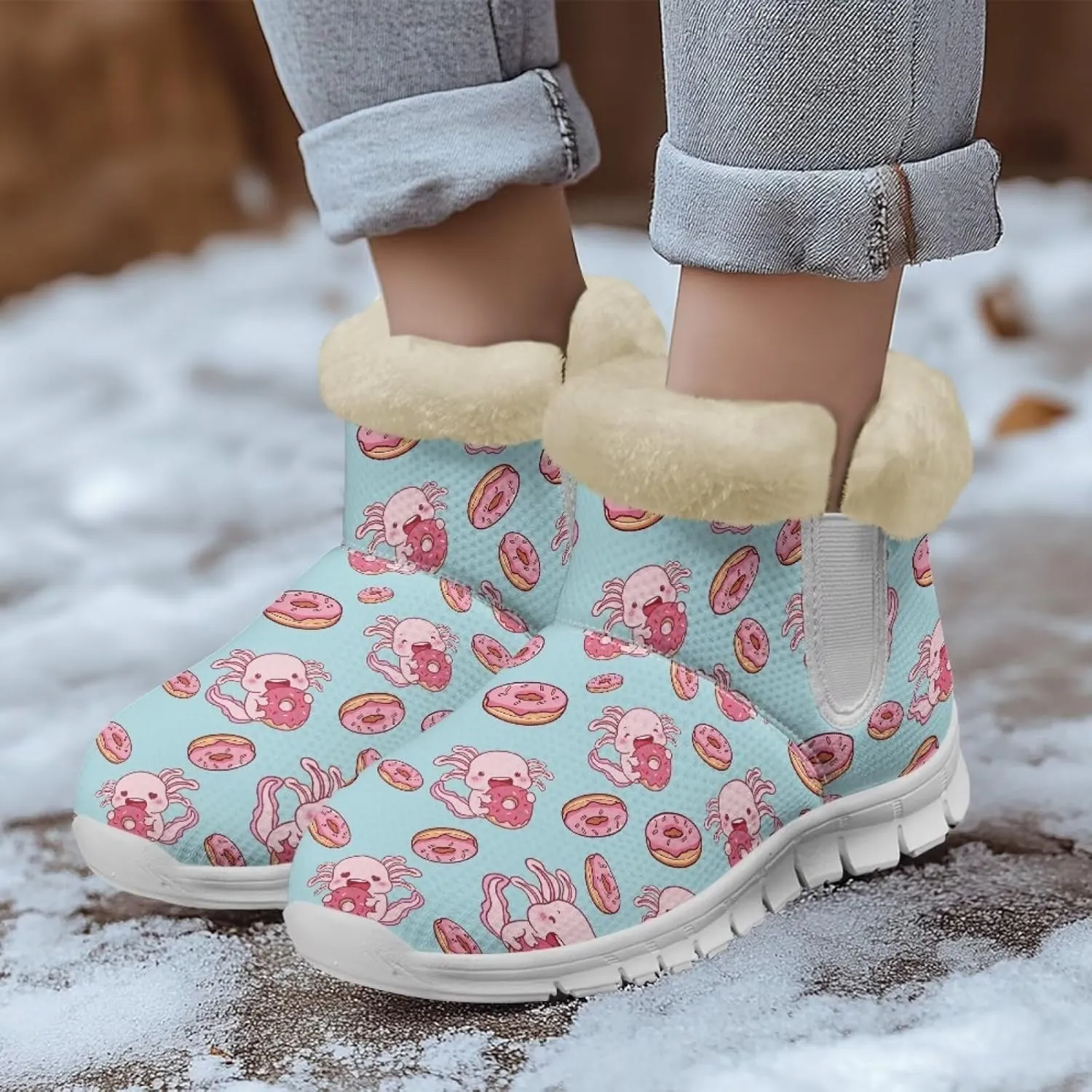 chaqlin Axolotl Snow Boots Winter Ankle Warm Boots Non Slip Sole for Women Wide Casual Outdoor Work Boots Soft Flannel Plush Lightweight Flat Heels Boots