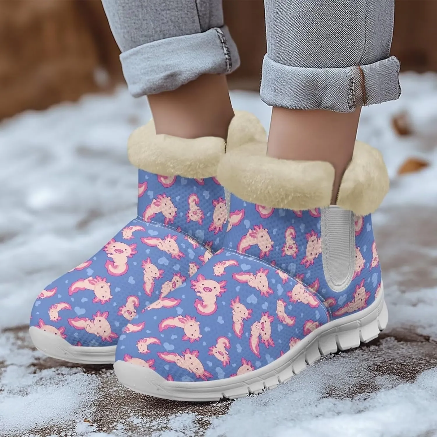 chaqlin Axolotl Snow Boots Winter Ankle Warm Boots Non Slip Sole for Women Wide Casual Outdoor Work Boots Soft Flannel Plush Lightweight Flat Heels Boots