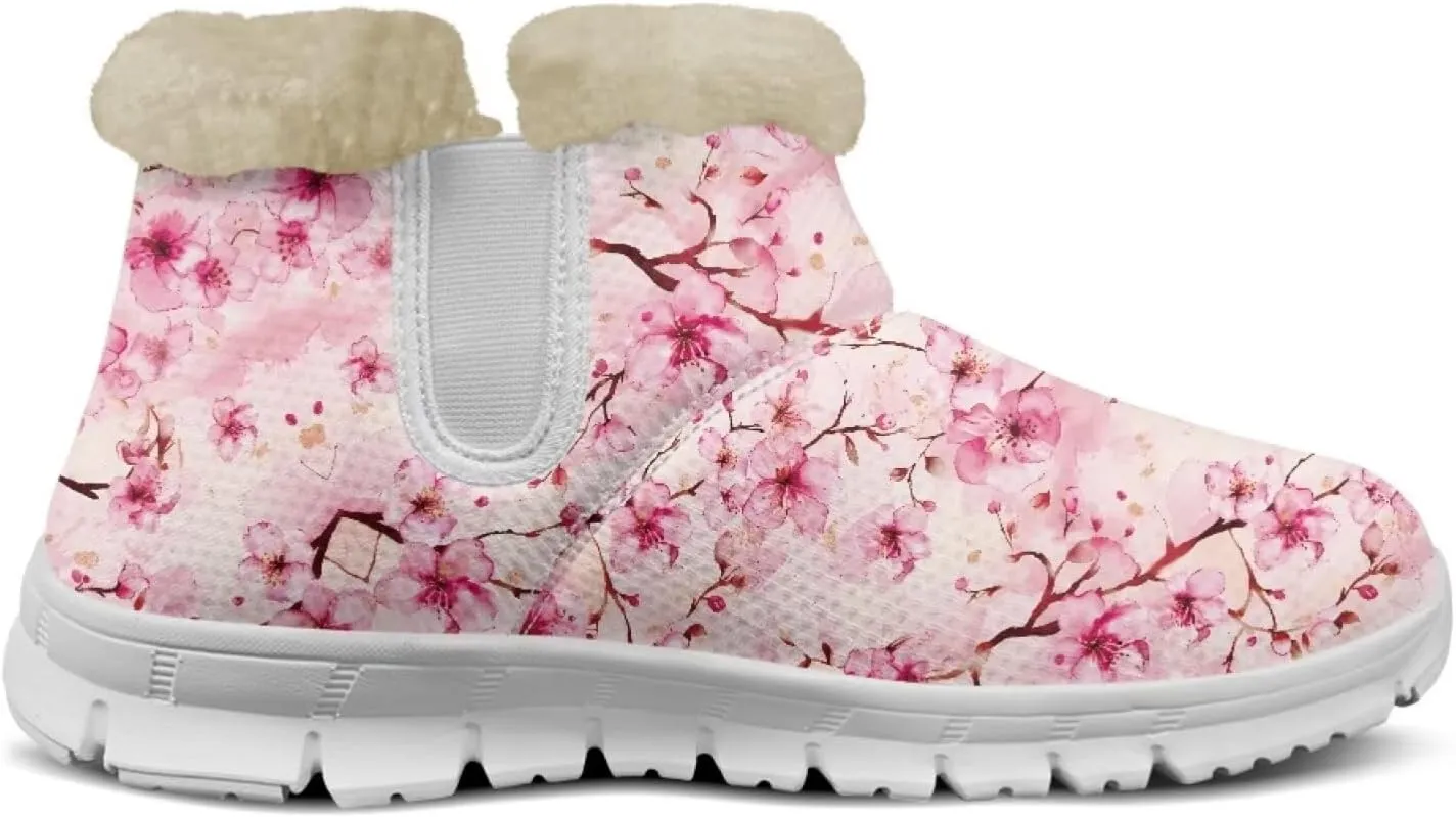 chaqlin Cherry Blossom Snow Boots Winter Ankle Boots for Women Flat Heels Resistant Slip Lightweight Flannel Plush Boots Casual Outdoor Backpacking