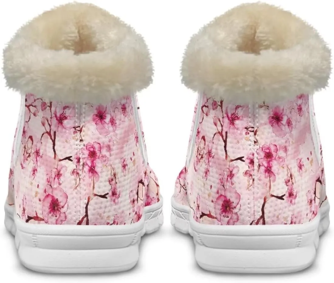 chaqlin Cherry Blossom Snow Boots Winter Ankle Boots for Women Flat Heels Resistant Slip Lightweight Flannel Plush Boots Casual Outdoor Backpacking
