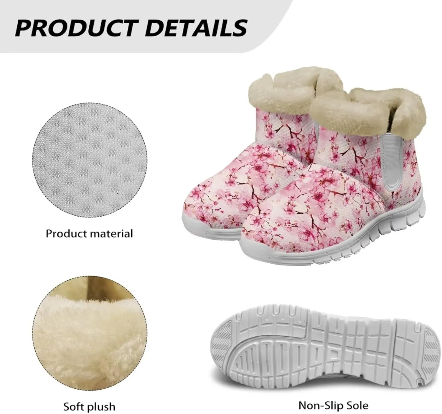 chaqlin Cherry Blossom Snow Boots Winter Ankle Boots for Women Flat Heels Resistant Slip Lightweight Flannel Plush Boots Casual Outdoor Backpacking