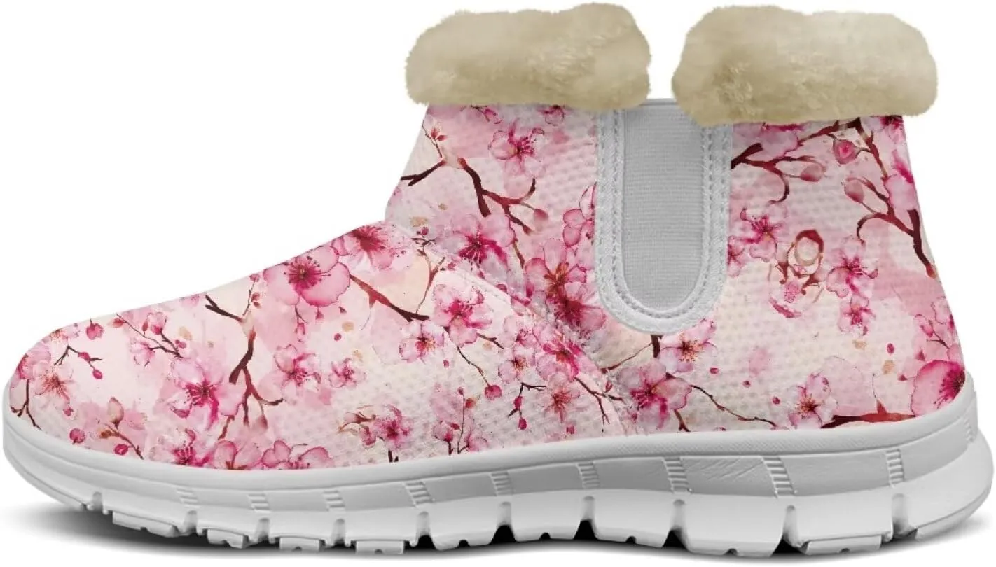 chaqlin Cherry Blossom Snow Boots Winter Ankle Boots for Women Flat Heels Resistant Slip Lightweight Flannel Plush Boots Casual Outdoor Backpacking