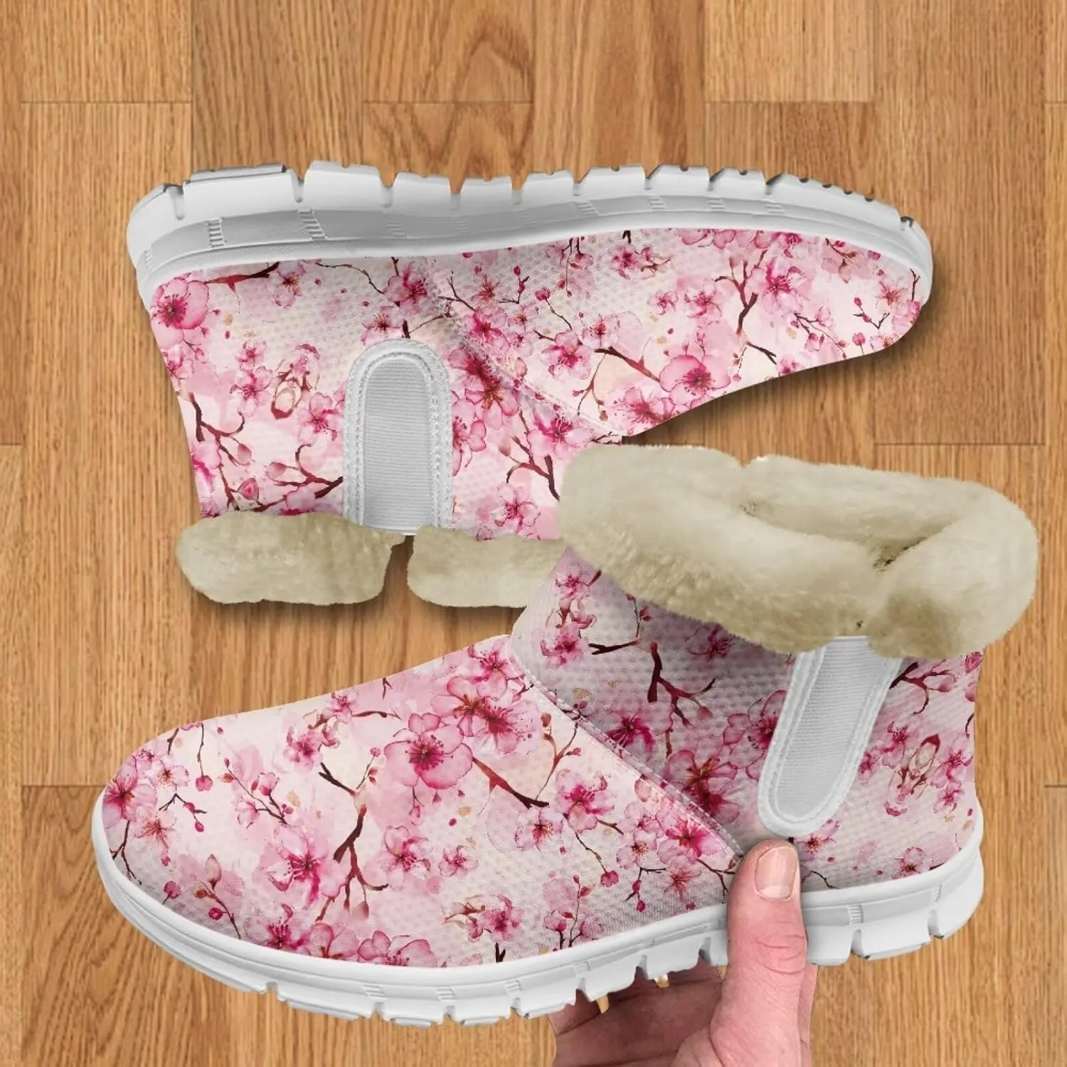chaqlin Cherry Blossom Snow Boots Winter Ankle Boots for Women Flat Heels Resistant Slip Lightweight Flannel Plush Boots Casual Outdoor Backpacking