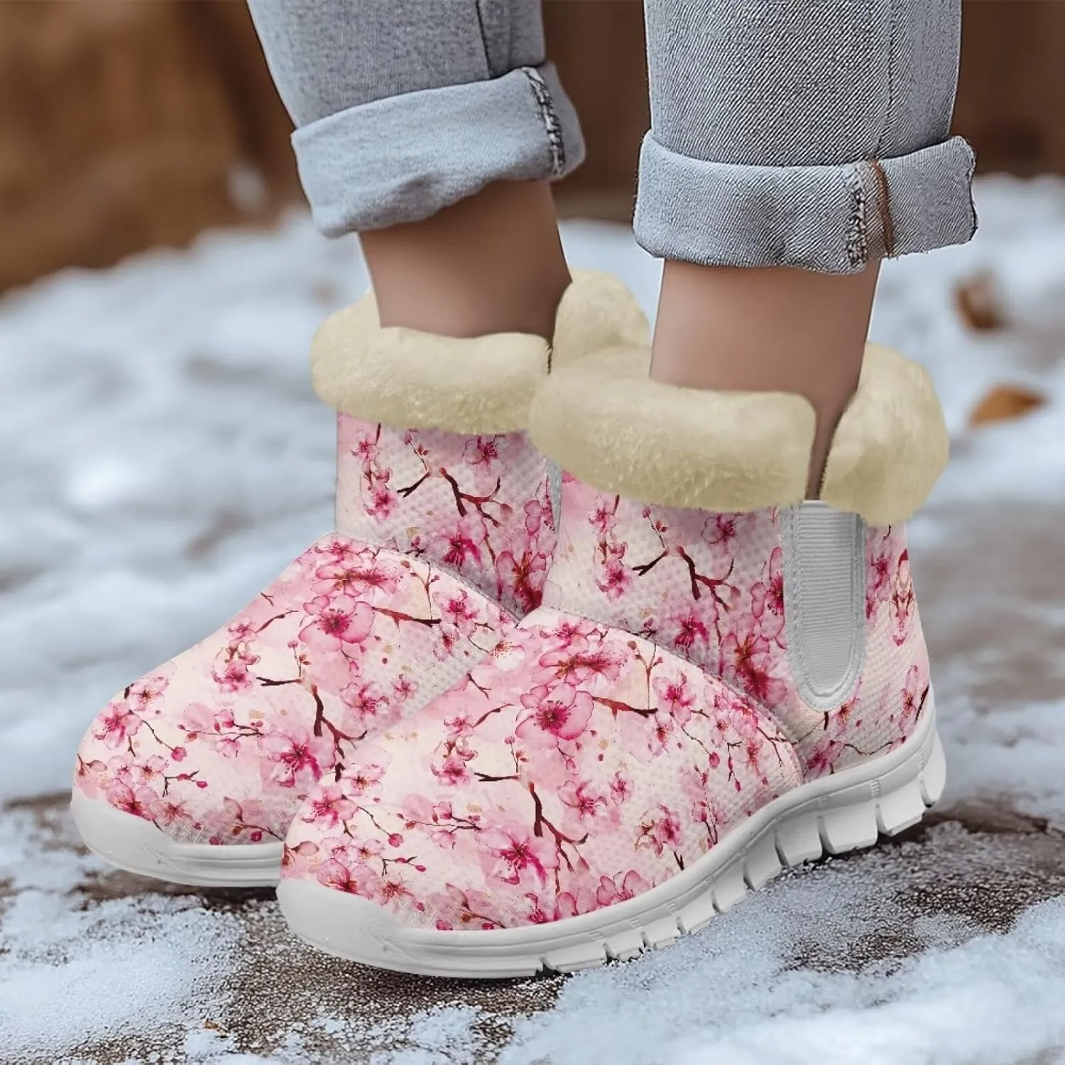chaqlin Cherry Blossom Snow Boots Winter Ankle Boots for Women Flat Heels Resistant Slip Lightweight Flannel Plush Boots Casual Outdoor Backpacking