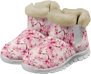 chaqlin Cherry Blossom Snow Boots Winter Ankle Boots for Women Flat Heels Resistant Slip Lightweight Flannel Plush Boots Casual Outdoor Backpacking