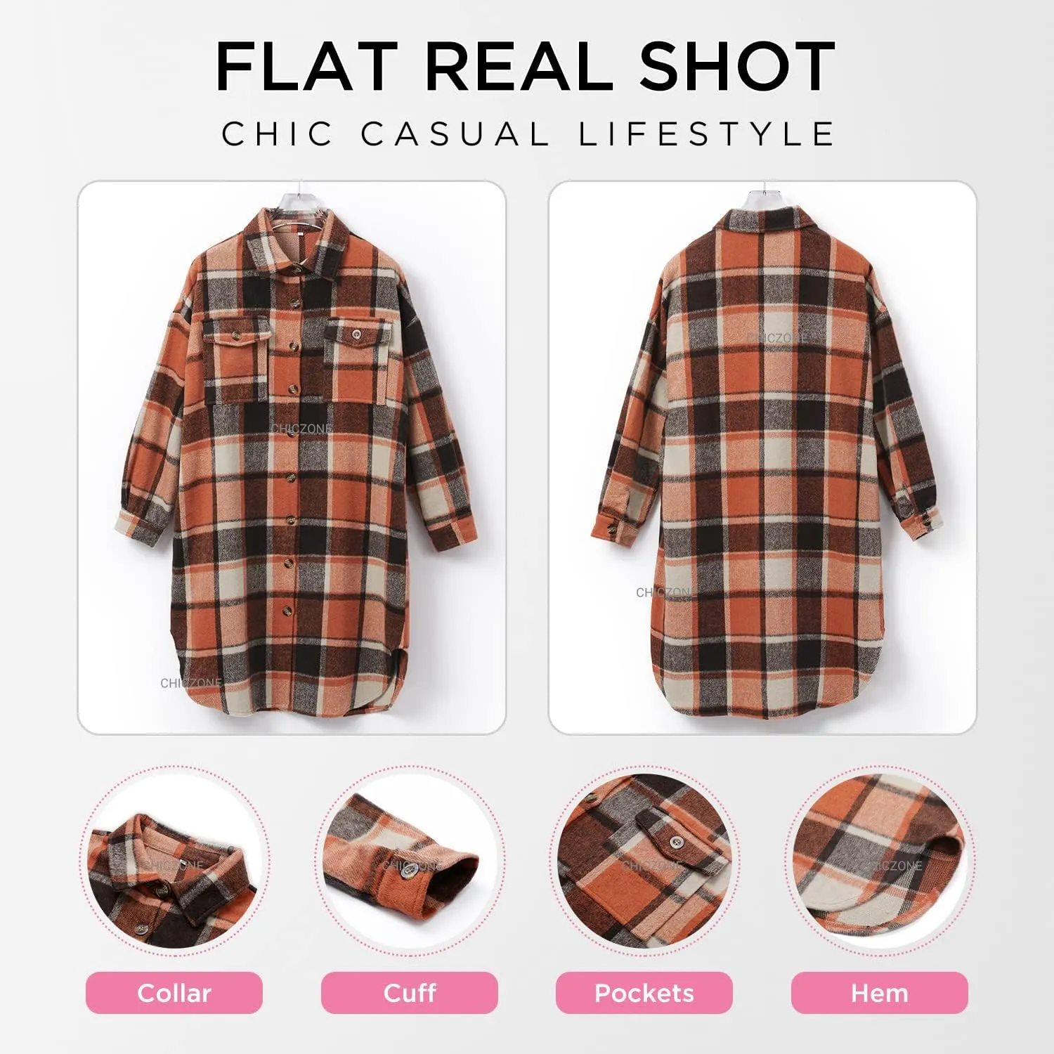 CHICZONE Womens Plaid Shacket Jacket Long Corduroy Shirt Casual Lapel Button Down Flannel Trench Coats