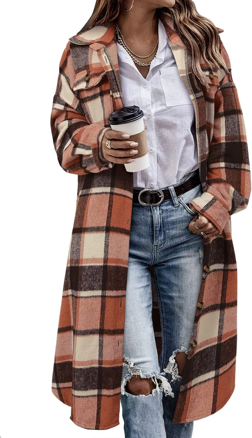CHICZONE Womens Plaid Shacket Jacket Long Corduroy Shirt Casual Lapel Button Down Flannel Trench Coats