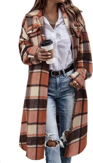 CHICZONE Womens Plaid Shacket Jacket Long Corduroy Shirt Casual Lapel Button Down Flannel Trench Coats