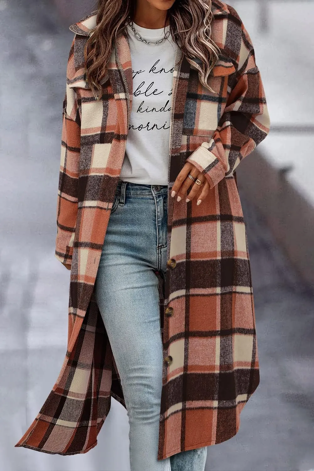 CHICZONE Womens Plaid Shacket Jacket Long Corduroy Shirt Casual Lapel Button Down Flannel Trench Coats