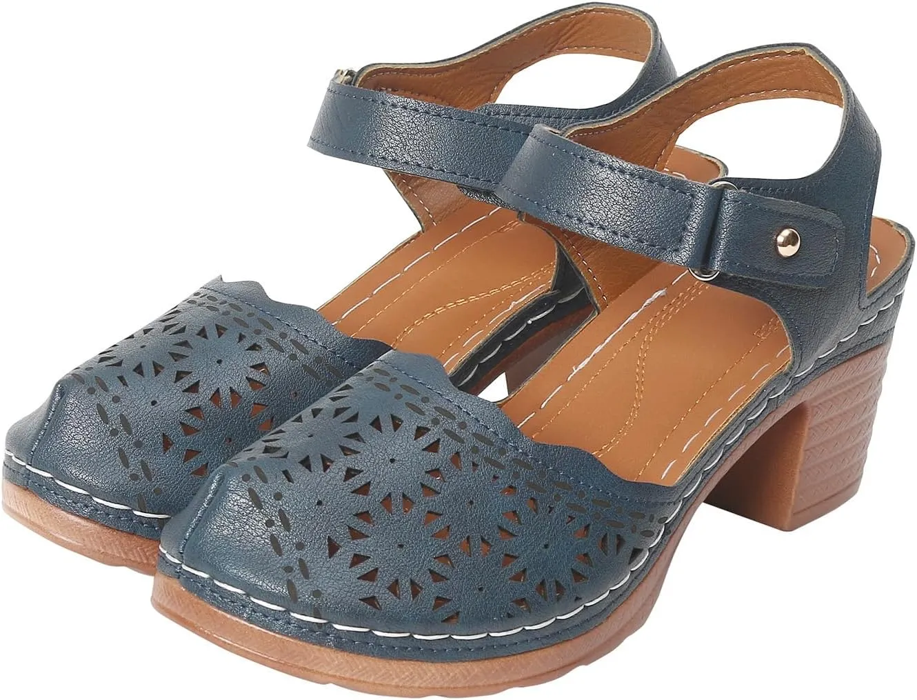 Chunky Heels for Women, Womens Closed Toe Sandals Dressy Comfortable Orthopedic Platform Wedges High Block Heels Ankle Strap Flower Sandals Dress Summer Shoes