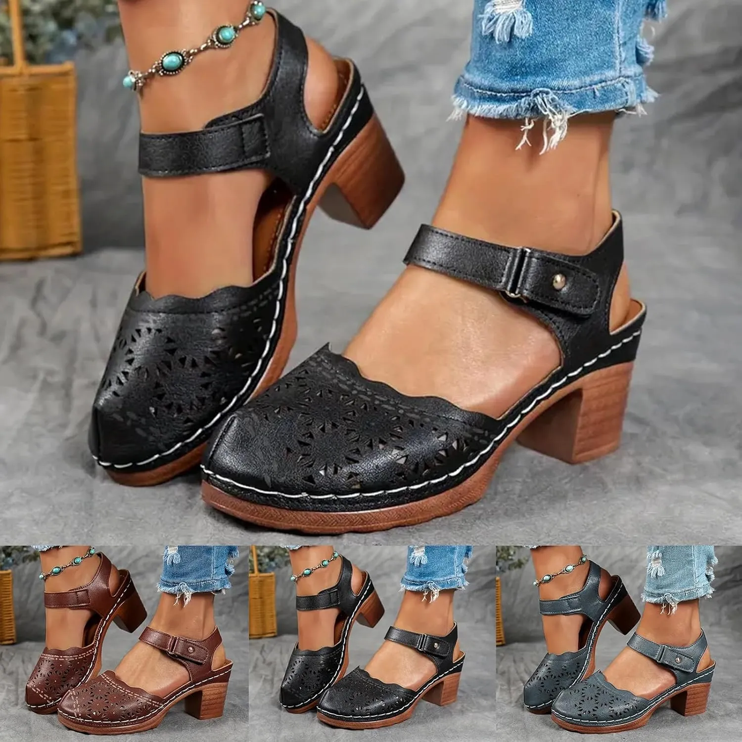 Chunky Heels for Women, Womens Closed Toe Sandals Dressy Comfortable Orthopedic Platform Wedges High Block Heels Ankle Strap Flower Sandals Dress Summer Shoes