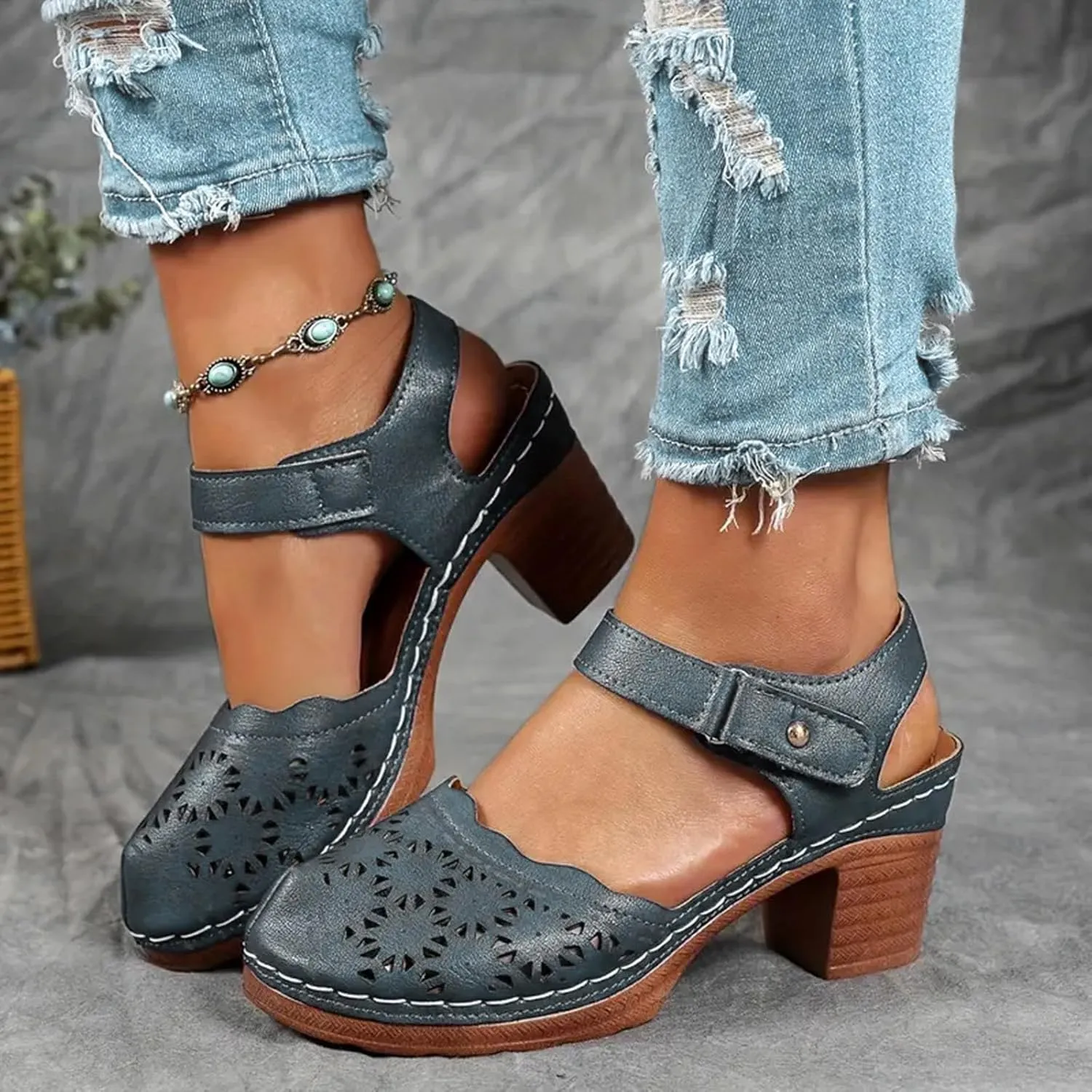 Chunky Heels for Women, Womens Closed Toe Sandals Dressy Comfortable Orthopedic Platform Wedges High Block Heels Ankle Strap Flower Sandals Dress Summer Shoes