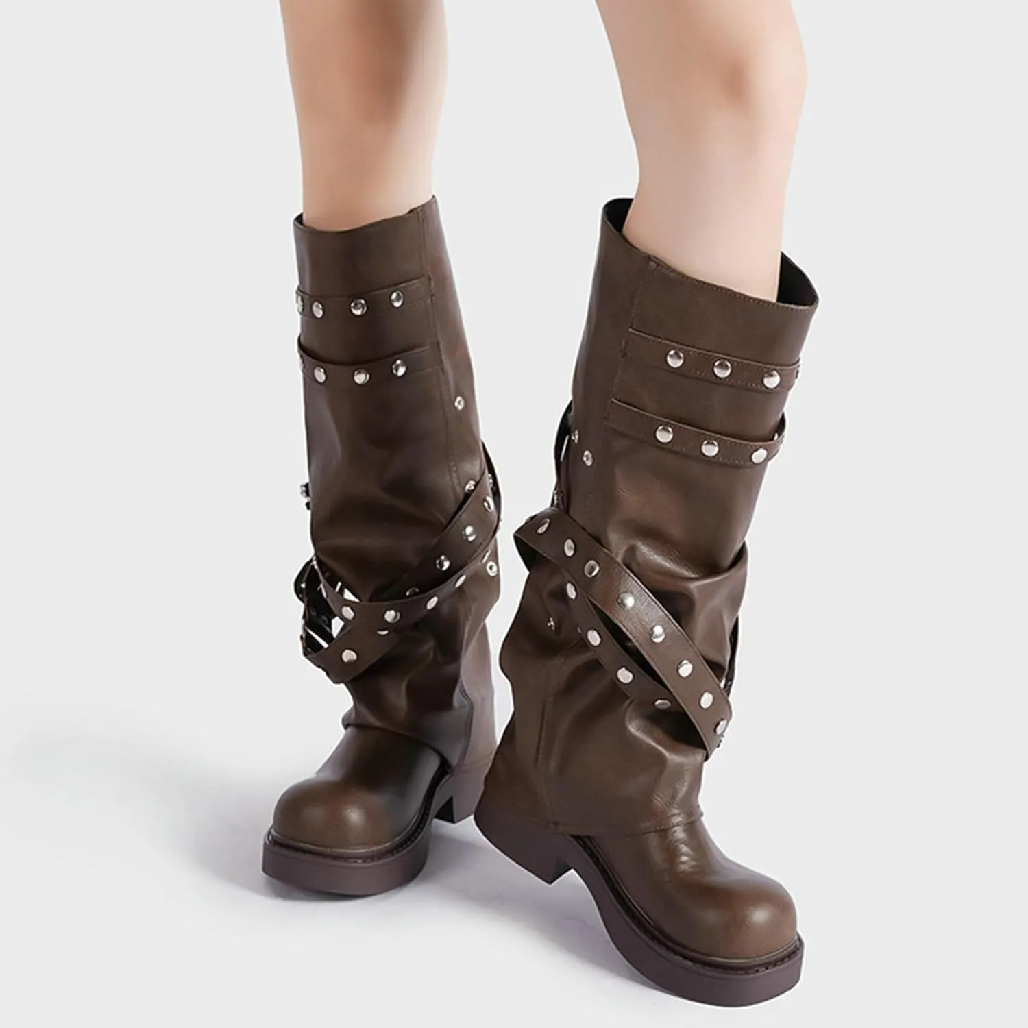 ClassicSter Fold Over Knee High Boots Slouch Boots for Women Chunky Goth Platform Boots,2 inch Heel Wide Calf Long Boots Square Toe Riding Boots