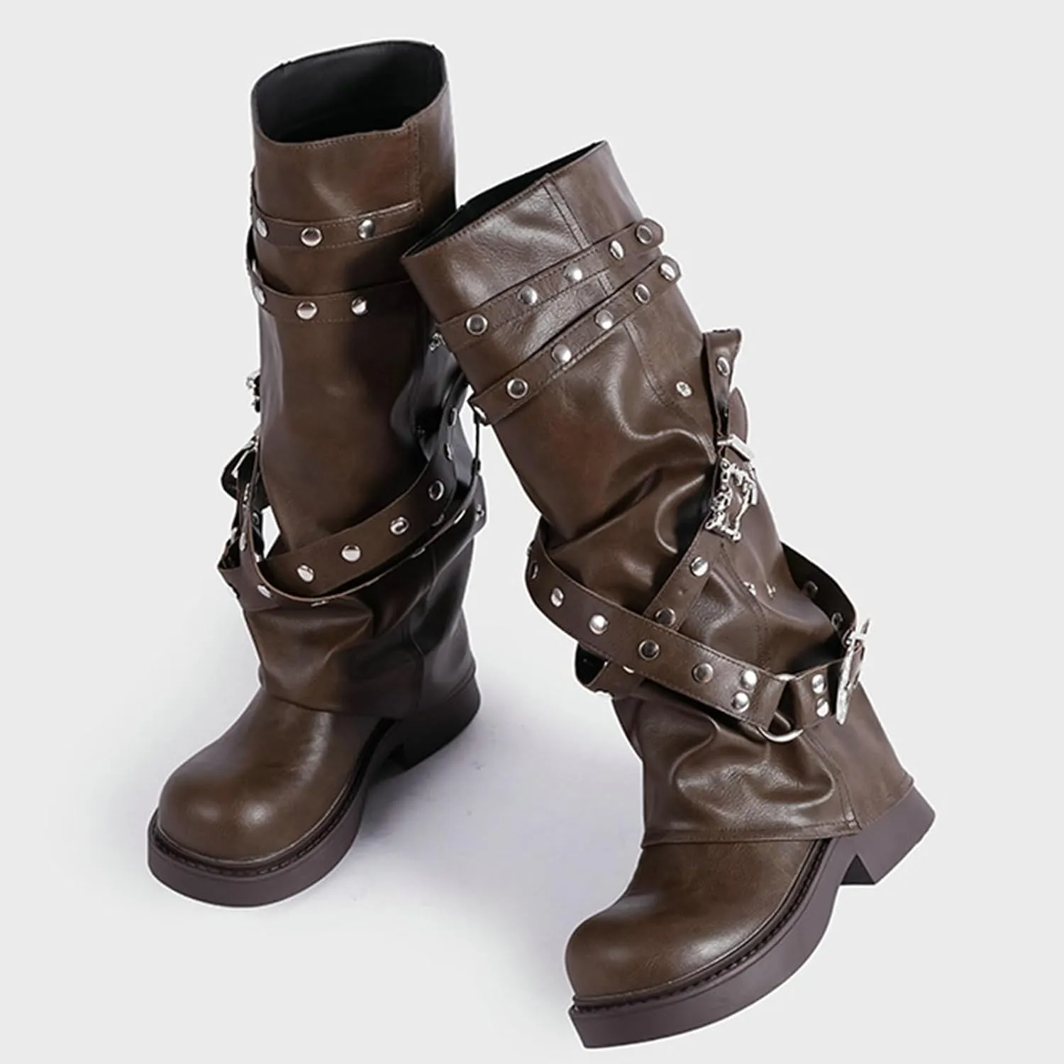 ClassicSter Fold Over Knee High Boots Slouch Boots for Women Chunky Goth Platform Boots,2 inch Heel Wide Calf Long Boots Square Toe Riding Boots