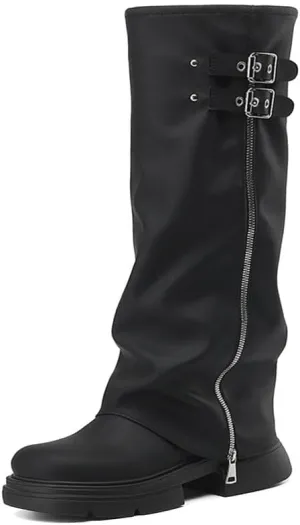 ClassicSter Fold Over Knee High Boots Slouch Boots for Women Chunky Goth Platform Boots,2 inch Heel Wide Calf Long Boots Square Toe Riding Boots