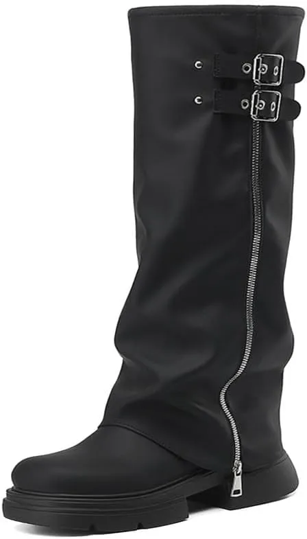 ClassicSter Fold Over Knee High Boots Slouch Boots for Women Chunky Goth Platform Boots,2 inch Heel Wide Calf Long Boots Square Toe Riding Boots