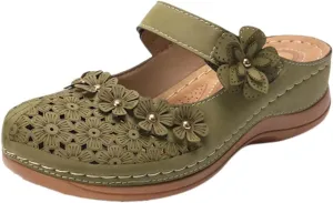 Clogs for Women Dressy Summer Closed Toe Wedge Sandals Casual Walking Shoes Hollow Out Vintage Anti Slip Slippers Flower Design Slip On Shoes