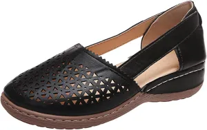 Closed Toe Sandals Women Hollow Casual Flats Orthotic Wedge Dressy Comfortable Shoes Beach Outdoor Walking Slippers Ballet Wedges Orthopedic Out Summer Carved Vintage Slip on Round Hollowed