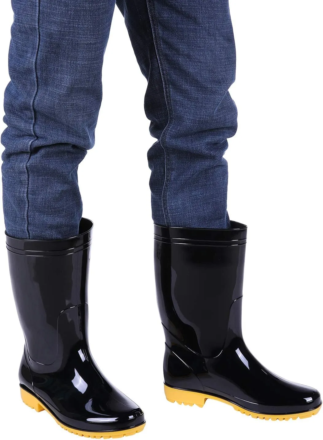Comwarm Men's Mid-calf Rain Boots Waterproof Anti-Slip Black PVC Adult Outdoor Work Rubber Boots
