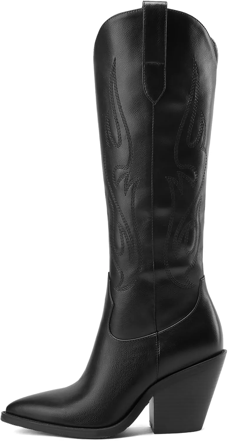 Cowboy Boots for Women Embroidered Pointy Toe Chunky Heeled Knee High Western Boots Shoes