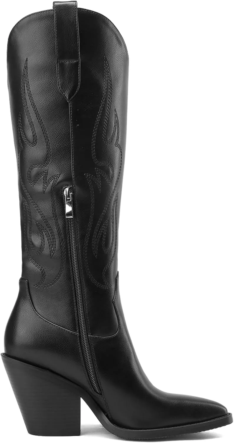 Cowboy Boots for Women Embroidered Pointy Toe Chunky Heeled Knee High Western Boots Shoes
