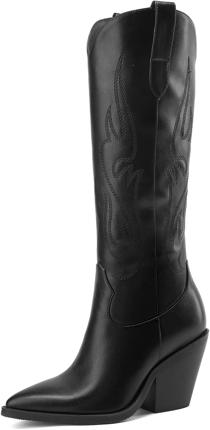 Cowboy Boots for Women Embroidered Pointy Toe Chunky Heeled Knee High Western Boots Shoes