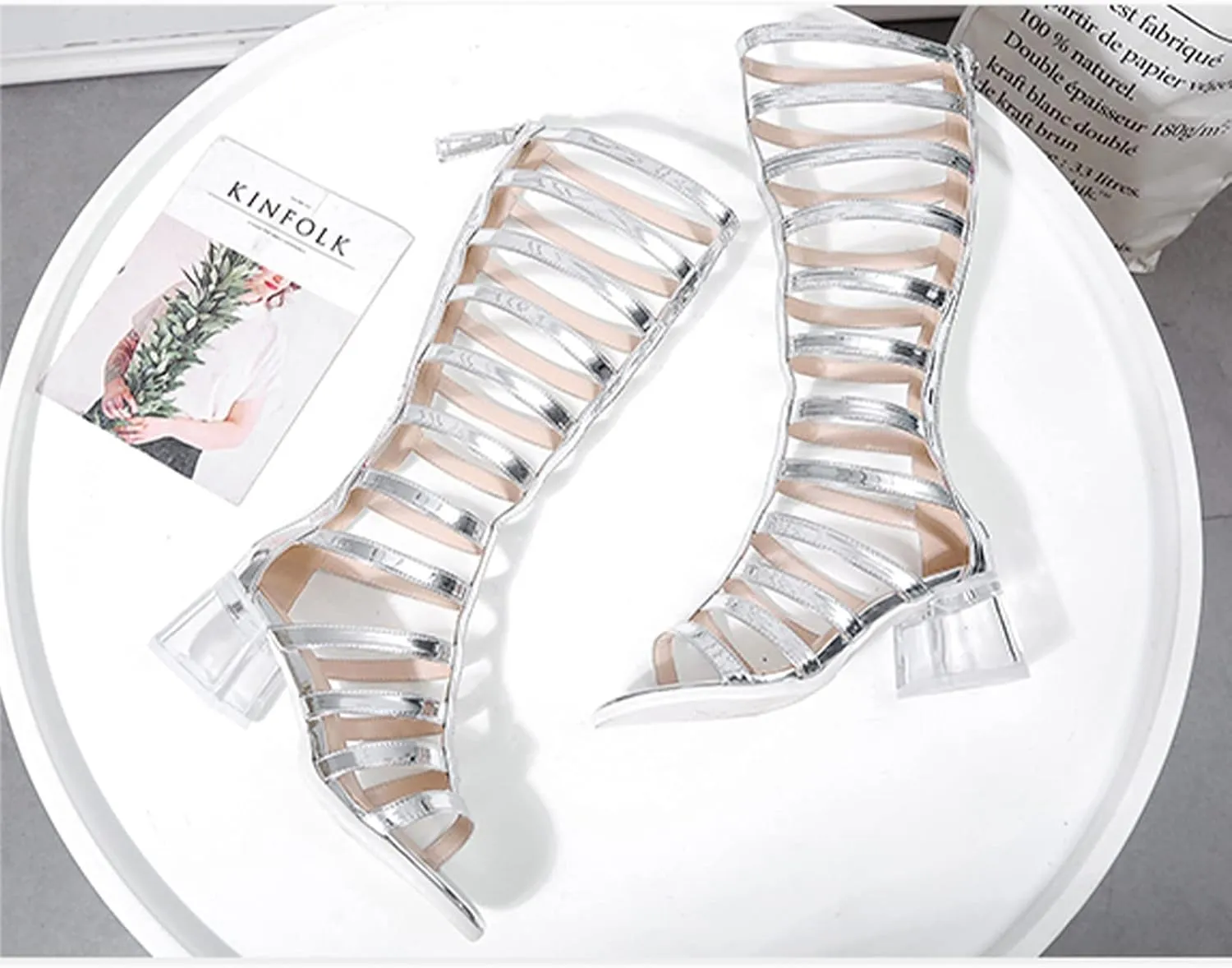 Crepuscute Women's Open Toe Knee High Flat Roman Gladiator Sandals,Summer Beach High Top Zip Back Casual Sandals Outdoor party travel sexy wedge Long Boots