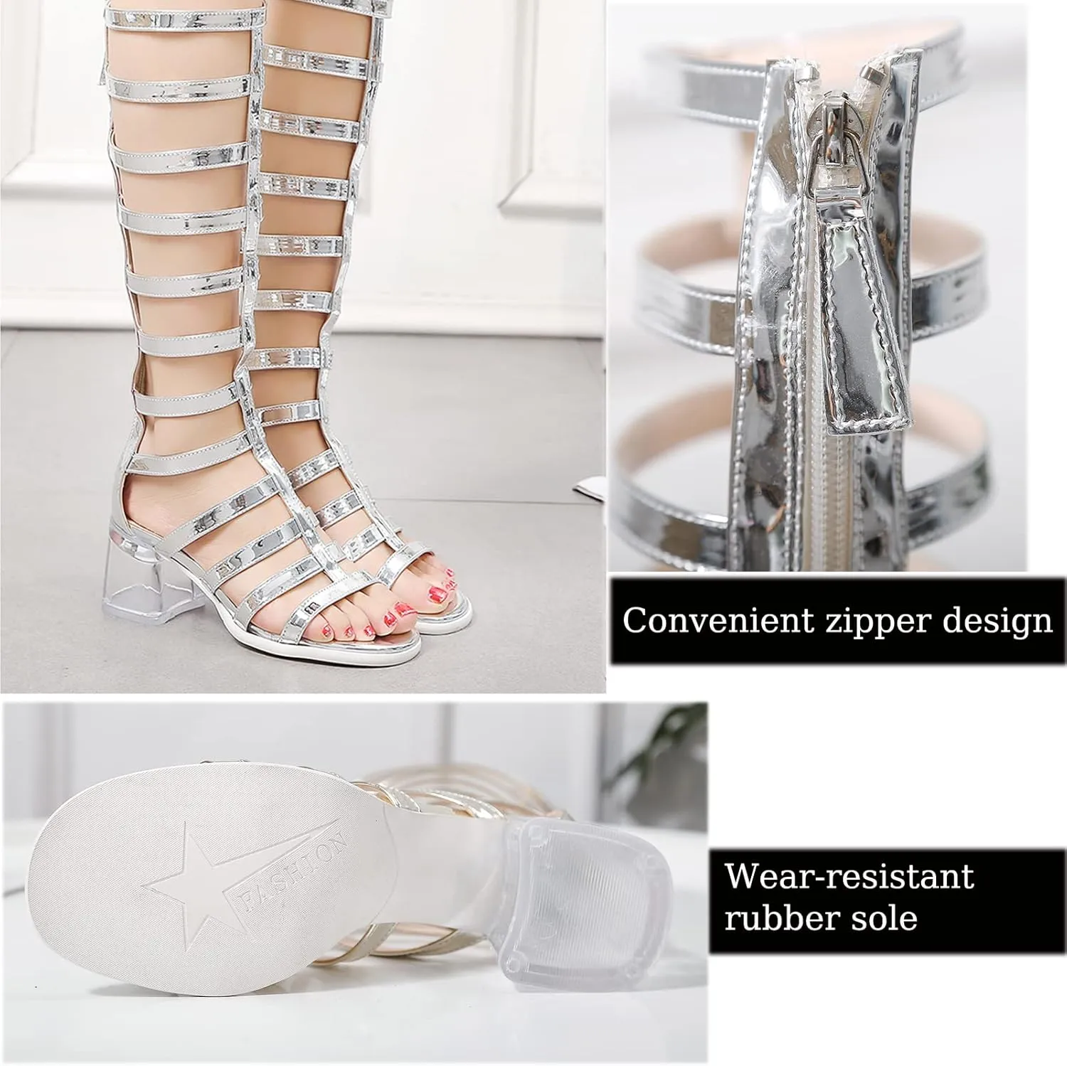 Crepuscute Women's Open Toe Knee High Flat Roman Gladiator Sandals,Summer Beach High Top Zip Back Casual Sandals Outdoor party travel sexy wedge Long Boots