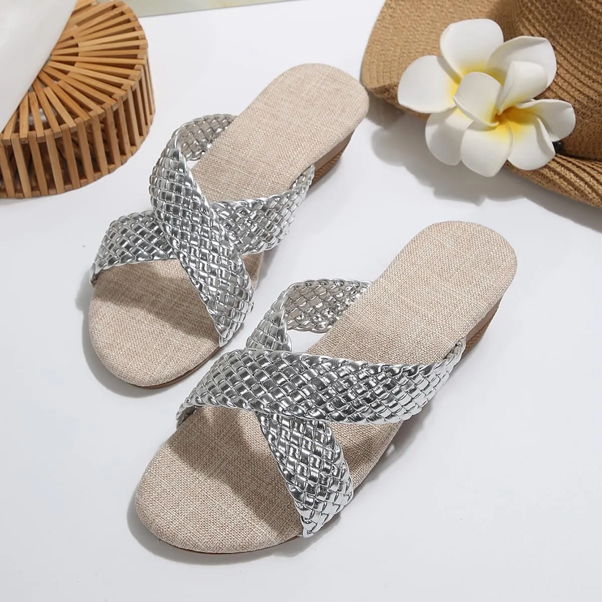 Cross Sandals-Flat-bottomed Textile cross upper Rubber Espadrille sole Sandals Summer Beach Travel Shoe Slipper Flip Flop
