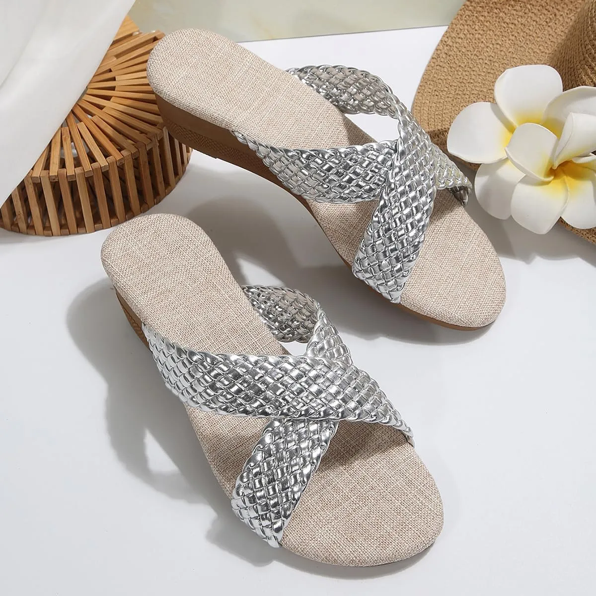 Cross Sandals-Flat-bottomed Textile cross upper Rubber Espadrille sole Sandals Summer Beach Travel Shoe Slipper Flip Flop