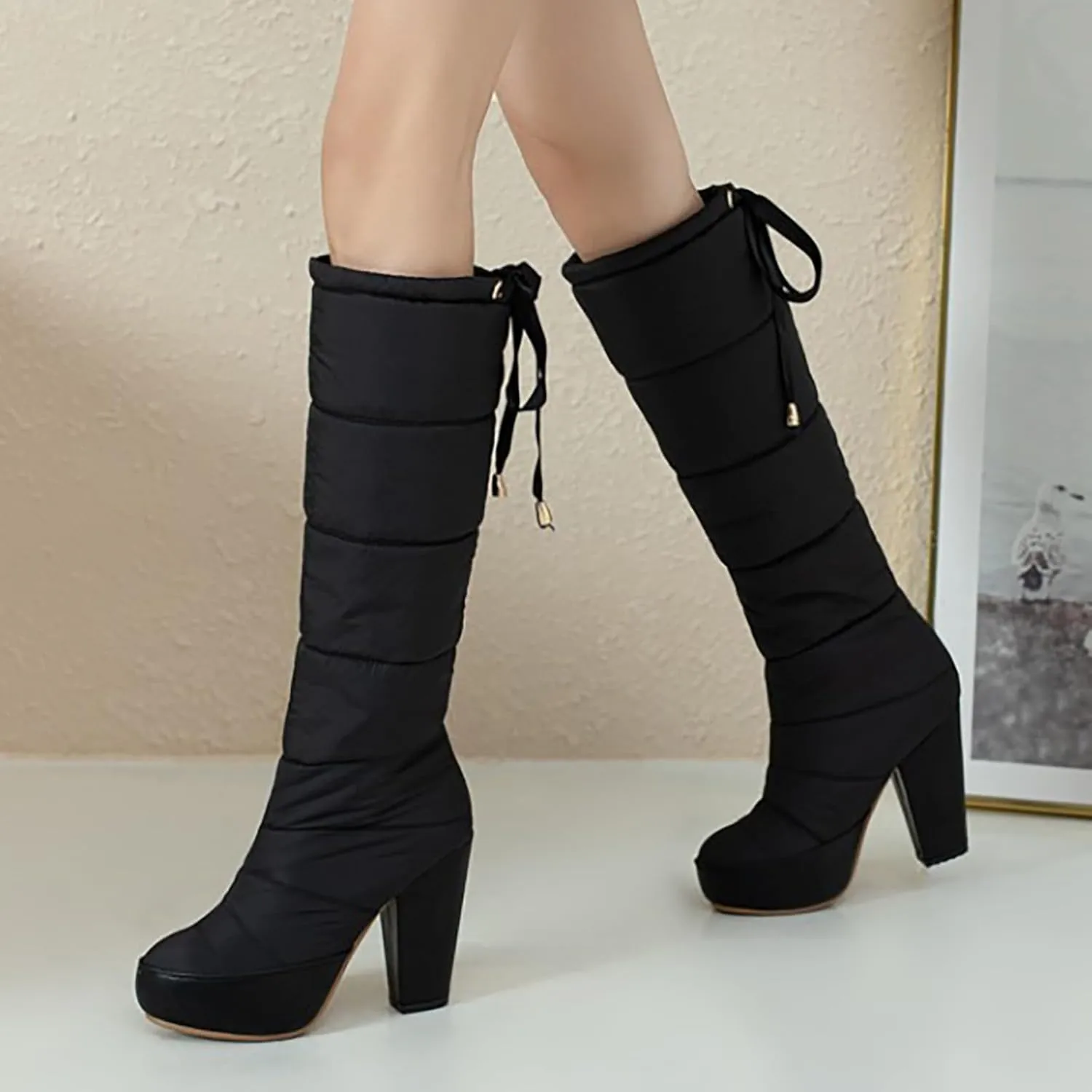 Crzidha Chunky High Heel Snow Boots for Women Waterproof Back Lace Up Snow High Heels Comfortable Winter Warm Casual Outdoor Fashion Party High Heel Boots for Women Dressy Winter