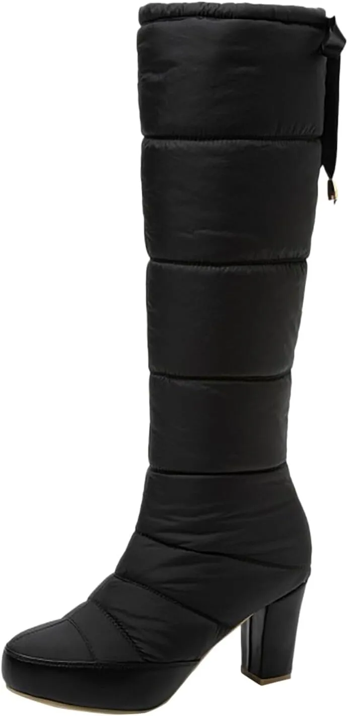 Crzidha Chunky High Heel Snow Boots for Women Waterproof Back Lace Up Snow High Heels Comfortable Winter Warm Casual Outdoor Fashion Party High Heel Boots for Women Dressy Winter