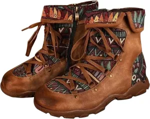 Ctreela Aztec Ethnic Boots for Women Outdoor Hiking Walking Vintage Western Hiker Booties Retro Lace up Field Combat Boot