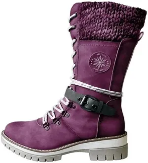 Cydmoty Women Buckle Lace Knitted Mid-calf Boots, tall shaft hiker boot styled with Stylish finished hardware and two-tone laces