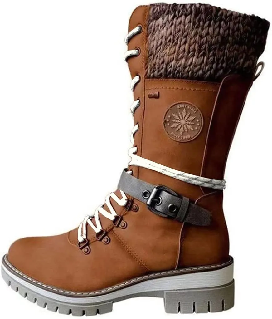 Cydmoty Women Buckle Lace Knitted Mid-calf Boots, tall shaft hiker boot styled with Stylish finished hardware and two-tone laces