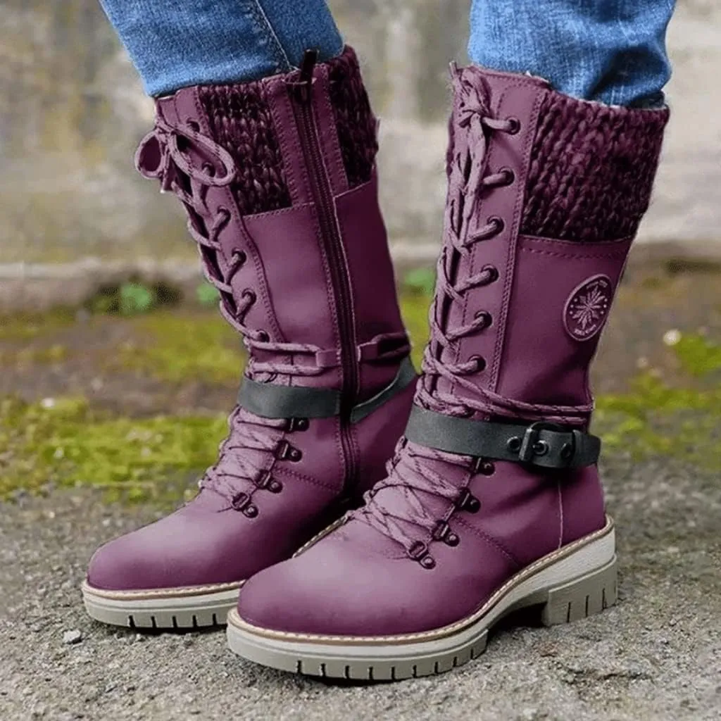 Cydmoty Women Buckle Lace Knitted Mid-calf Boots, tall shaft hiker boot styled with Stylish finished hardware and two-tone laces