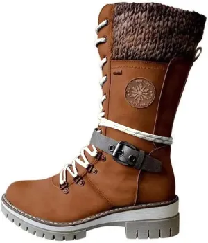 Cydmoty Women Buckle Lace Knitted Mid-calf Boots, tall shaft hiker boot styled with Stylish finished hardware and two-tone laces