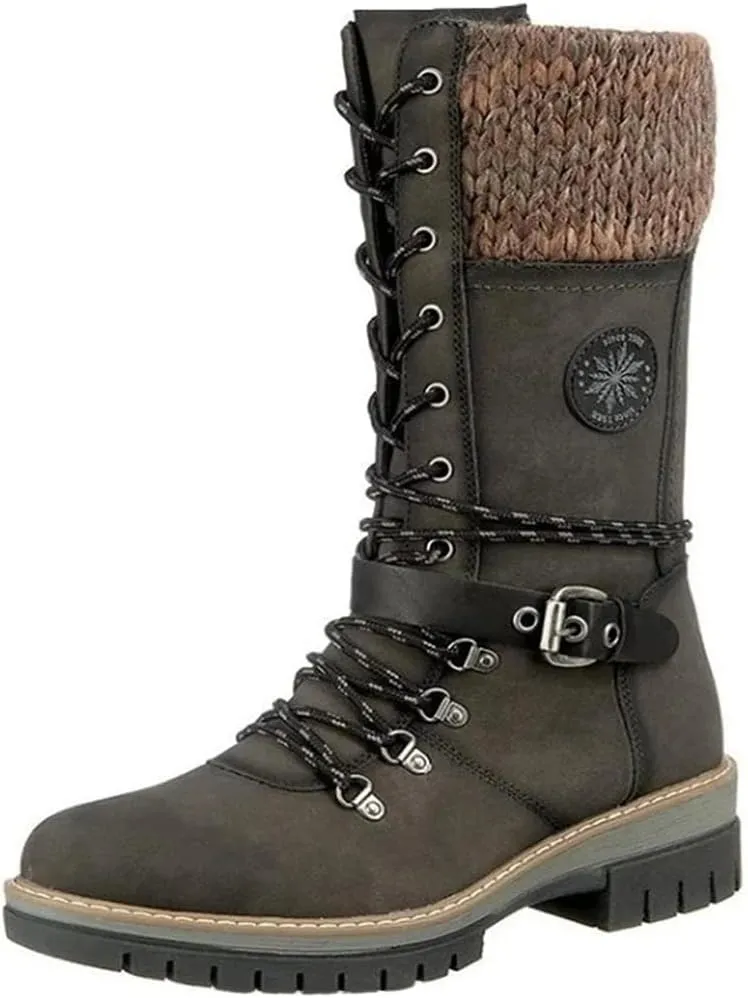 Cydmoty Women Buckle Lace Knitted Mid-calf Boots, tall shaft hiker boot styled with Stylish finished hardware and two-tone laces