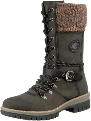 Cydmoty Women Buckle Lace Knitted Mid-calf Boots, tall shaft hiker boot styled with Stylish finished hardware and two-tone laces