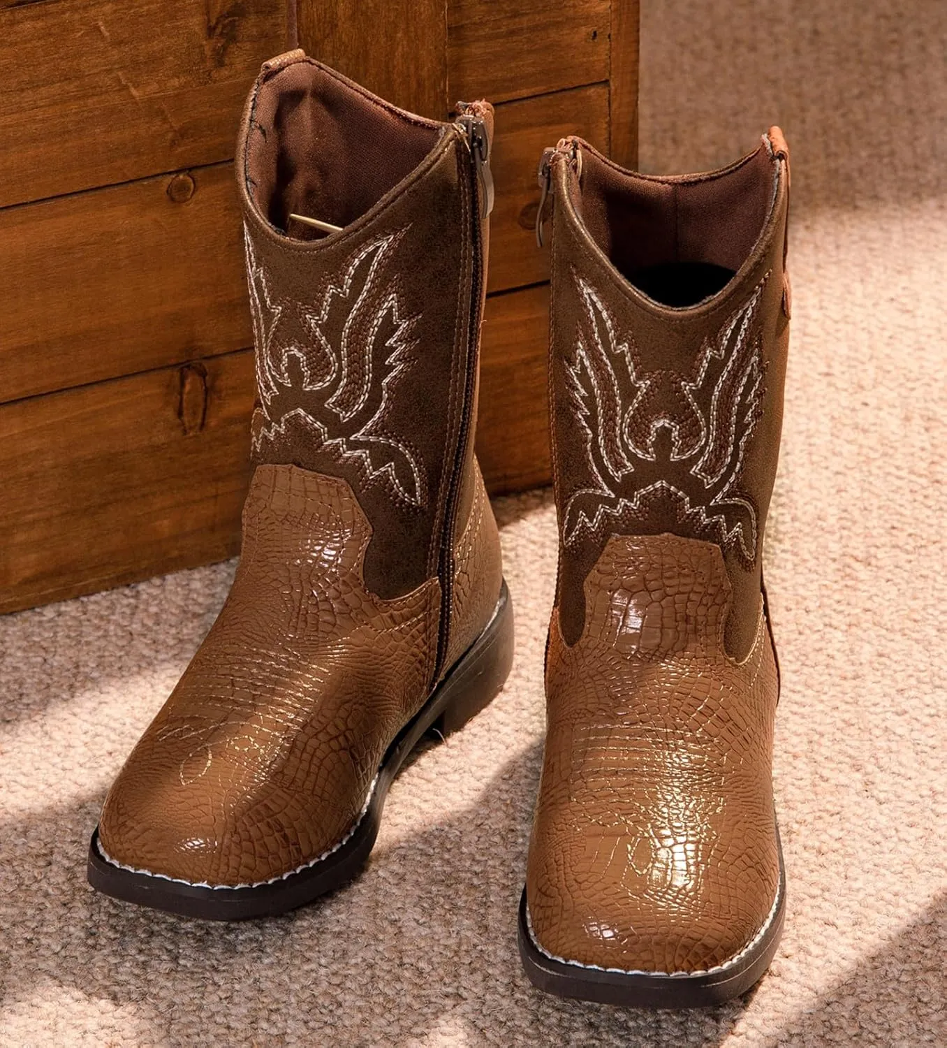 DADAWEN Boys Girls Cowboy Boots Embroidery Glitter Mid Calf Square Toe Kids Western Cowgirl Boots Riding Shoes (Toddler/Little Kid/Big Kid)