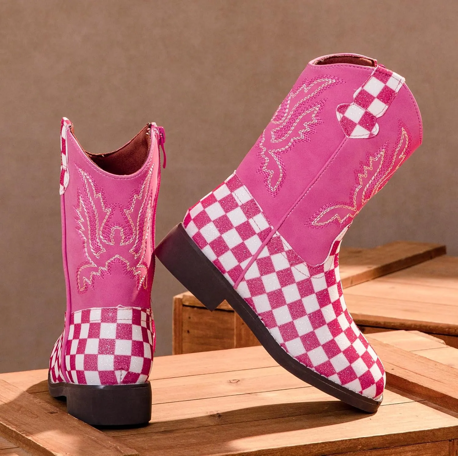 DADAWEN Boys Girls Cowboy Boots Embroidery Glitter Mid Calf Square Toe Kids Western Cowgirl Boots Riding Shoes (Toddler/Little Kid/Big Kid)