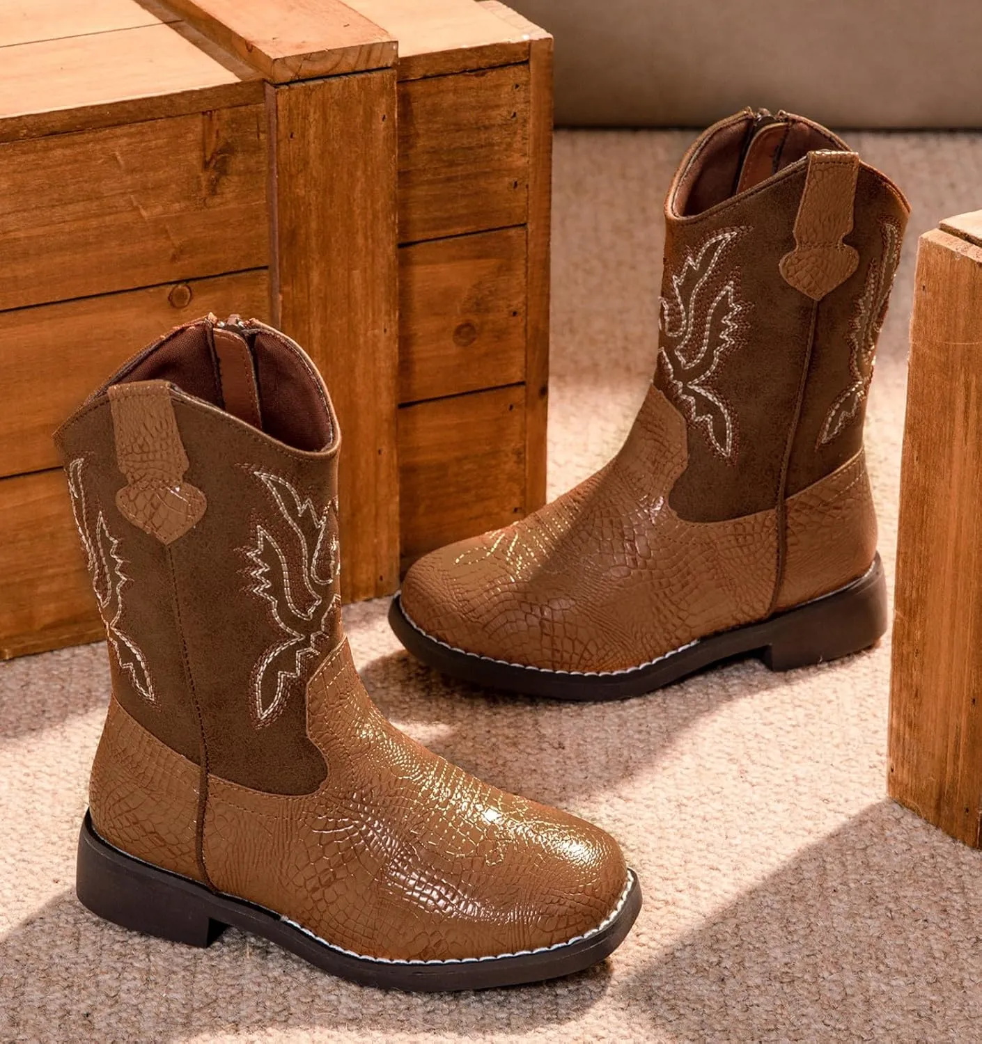 DADAWEN Boys Girls Cowboy Boots Embroidery Glitter Mid Calf Square Toe Kids Western Cowgirl Boots Riding Shoes (Toddler/Little Kid/Big Kid)