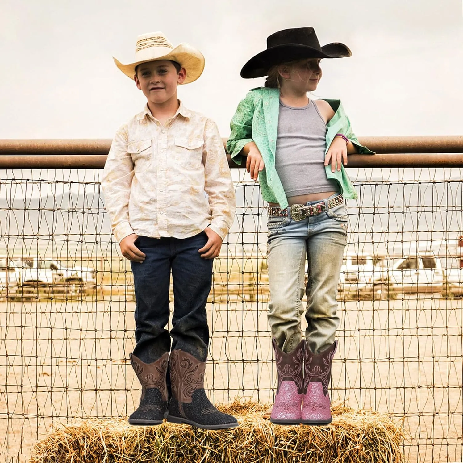DADAWEN Kids Glitter Square Toe Cowgirl Boots Cowboy Western Boots Boys Girls Mid Calf Riding Shoes With Side Zipper
