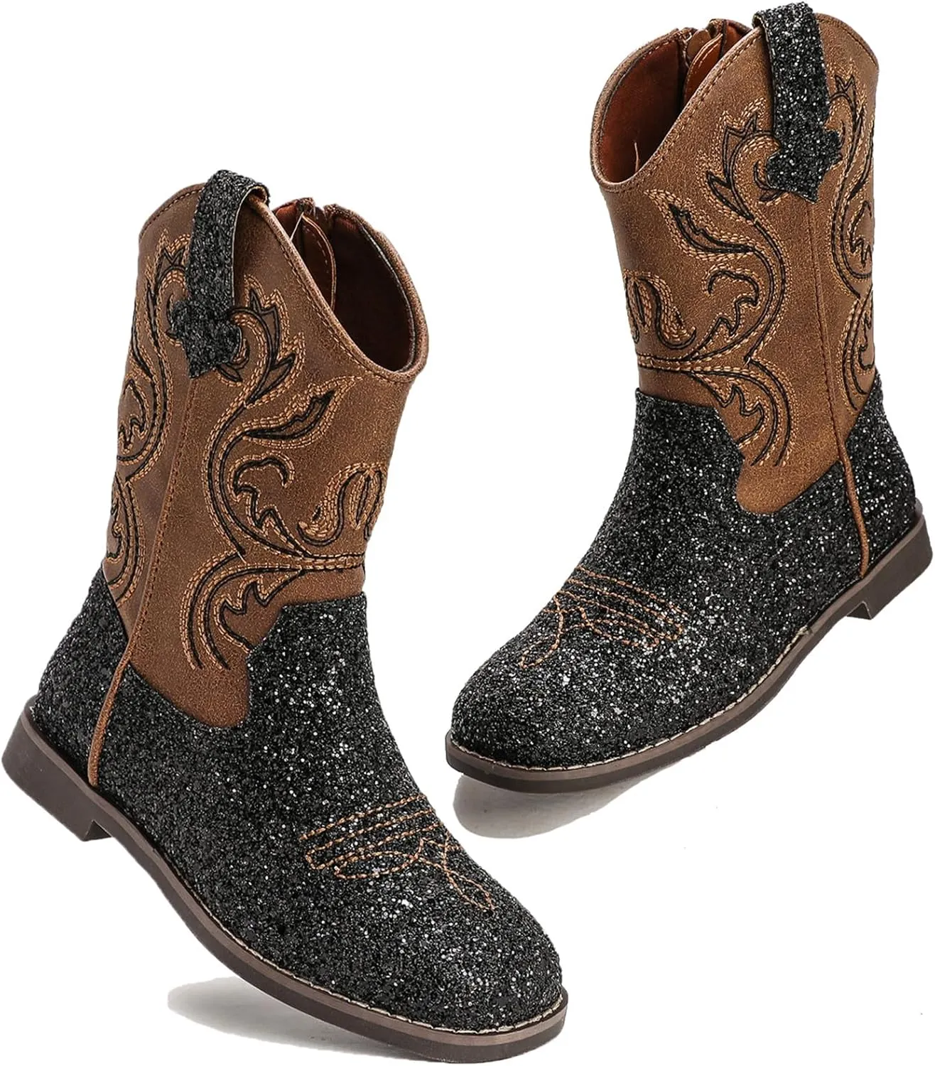 DADAWEN Kids Glitter Square Toe Cowgirl Boots Cowboy Western Boots Boys Girls Mid Calf Riding Shoes With Side Zipper
