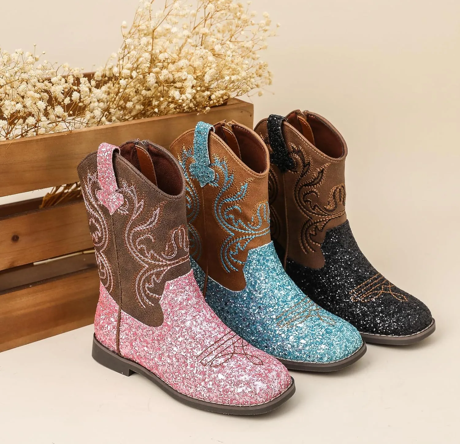 DADAWEN Kids Glitter Square Toe Cowgirl Boots Cowboy Western Boots Boys Girls Mid Calf Riding Shoes With Side Zipper
