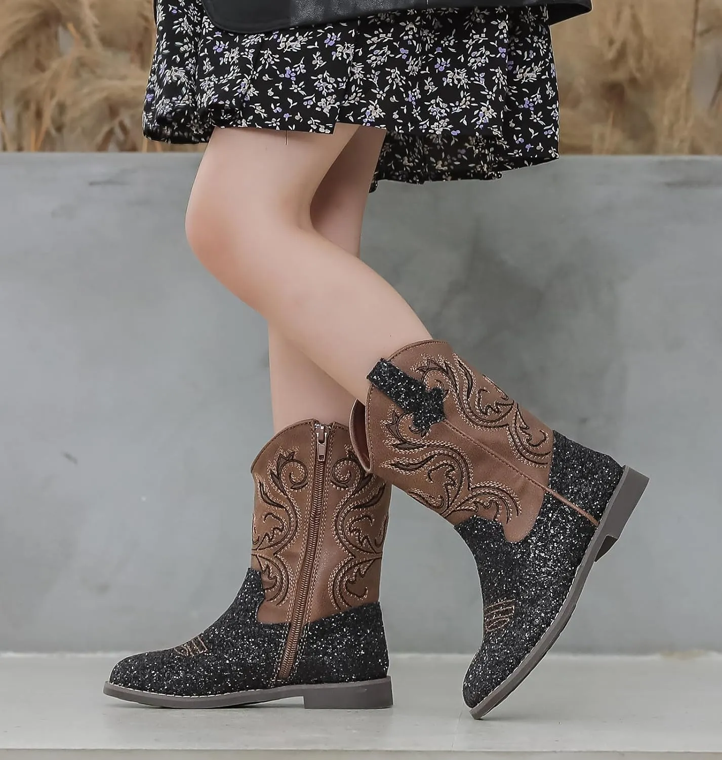 DADAWEN Kids Glitter Square Toe Cowgirl Boots Cowboy Western Boots Boys Girls Mid Calf Riding Shoes With Side Zipper