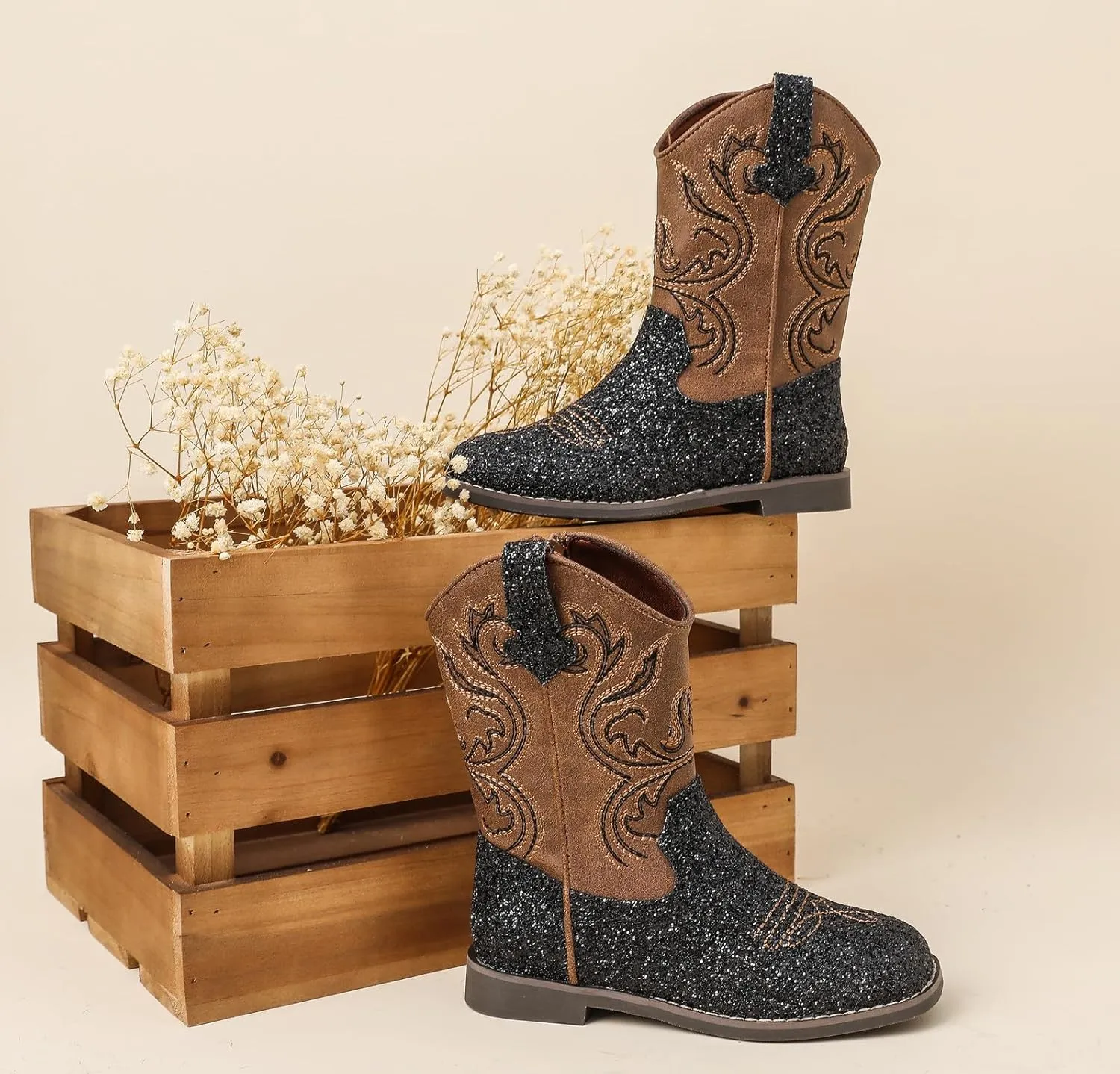 DADAWEN Kids Glitter Square Toe Cowgirl Boots Cowboy Western Boots Boys Girls Mid Calf Riding Shoes With Side Zipper