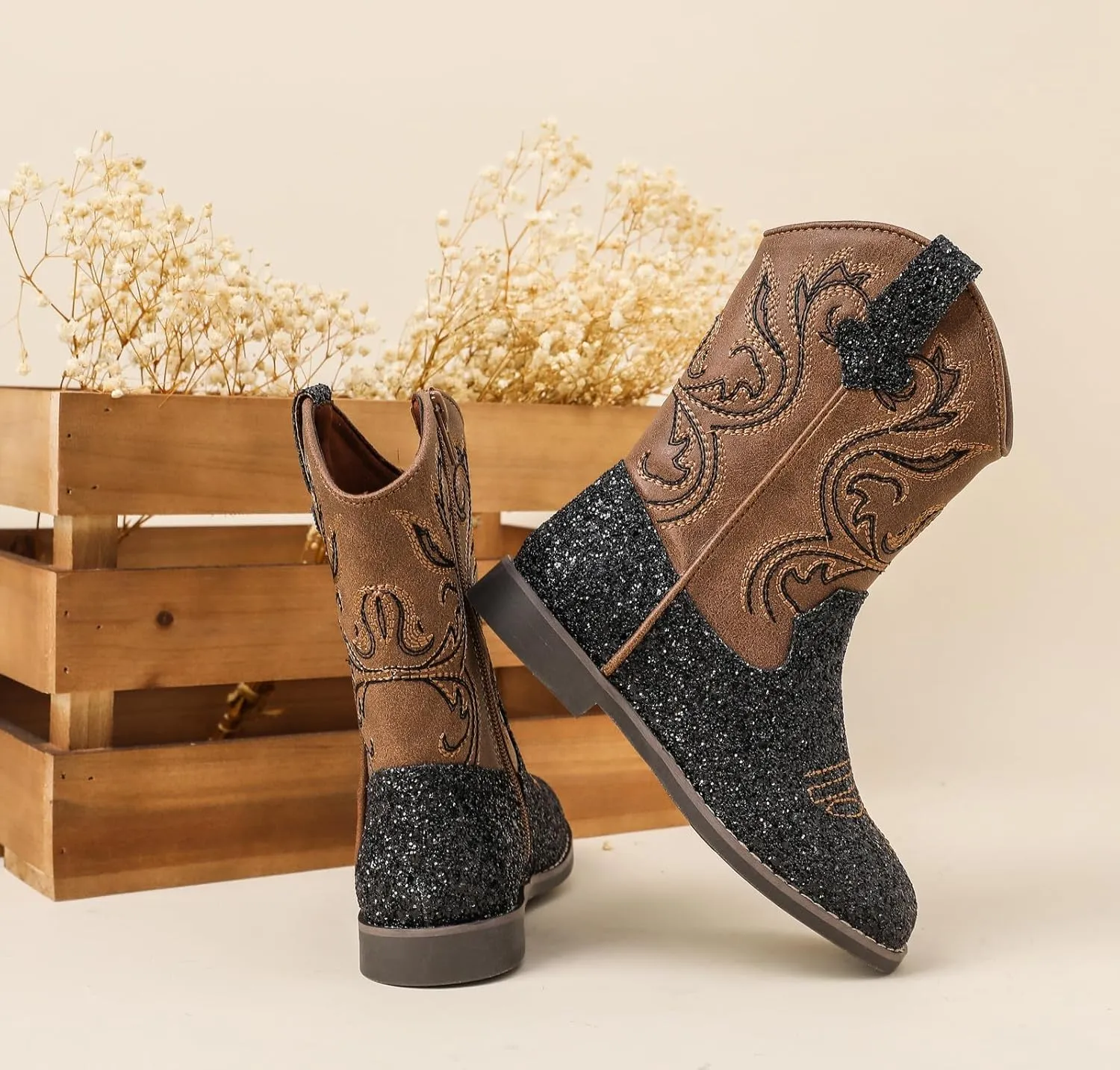 DADAWEN Kids Glitter Square Toe Cowgirl Boots Cowboy Western Boots Boys Girls Mid Calf Riding Shoes With Side Zipper