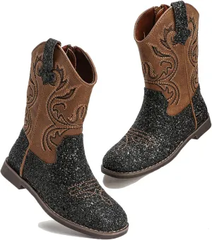 DADAWEN Kids Glitter Square Toe Cowgirl Boots Cowboy Western Boots Boys Girls Mid Calf Riding Shoes With Side Zipper